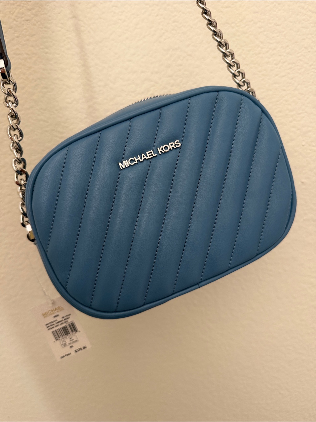 Michael Kors Blue Quilted Crossbody With Silver Chain Detail
